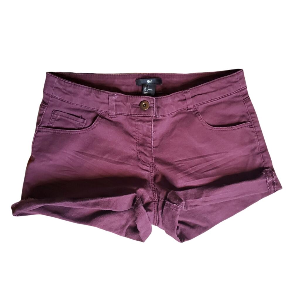 🔥 H&M Cuffed Midi Length Denim Short Shorts Maroon Red Women's Size 4